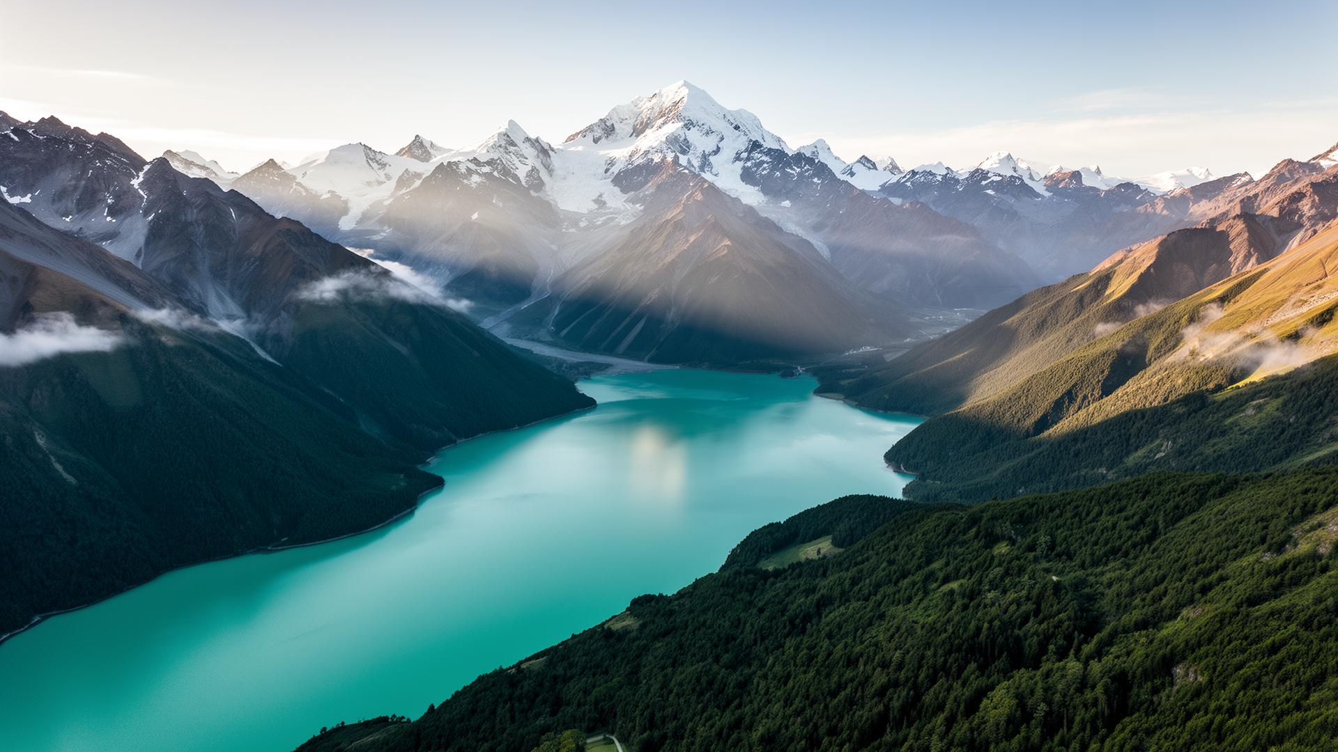 Snow-capped Southern Alps above a turquoise New Zealand lake
