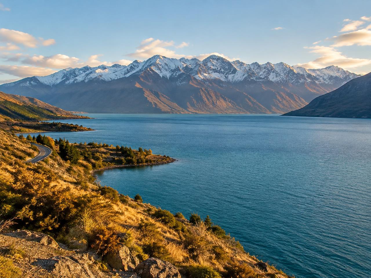 Lake Wakatipu and the snow-capped Remarkables near Queenstown at golden hour